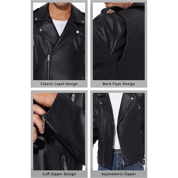 Men Black Faux Leather Biker Jacket Slim Fit Motorcycle Bomber Zip Up Coat - Picture 6 of 7